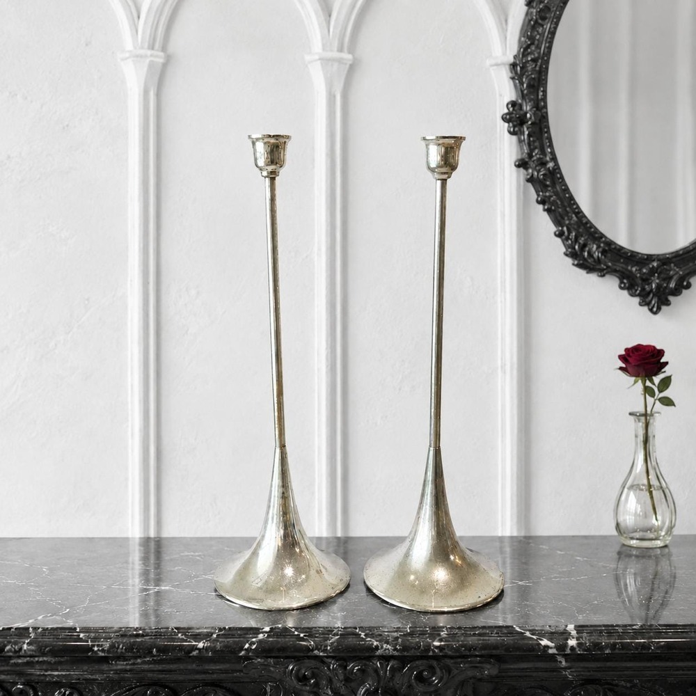Vintage Silver Plated Candlestick Holders Set  2 Mid Century Modern Trumpet 12"